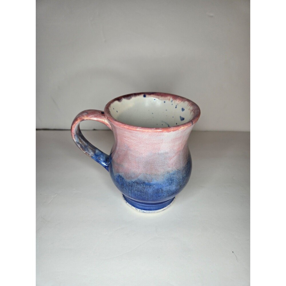Handmade Stone Ware Mug Pink Blue White with Blue Speckles Glazed